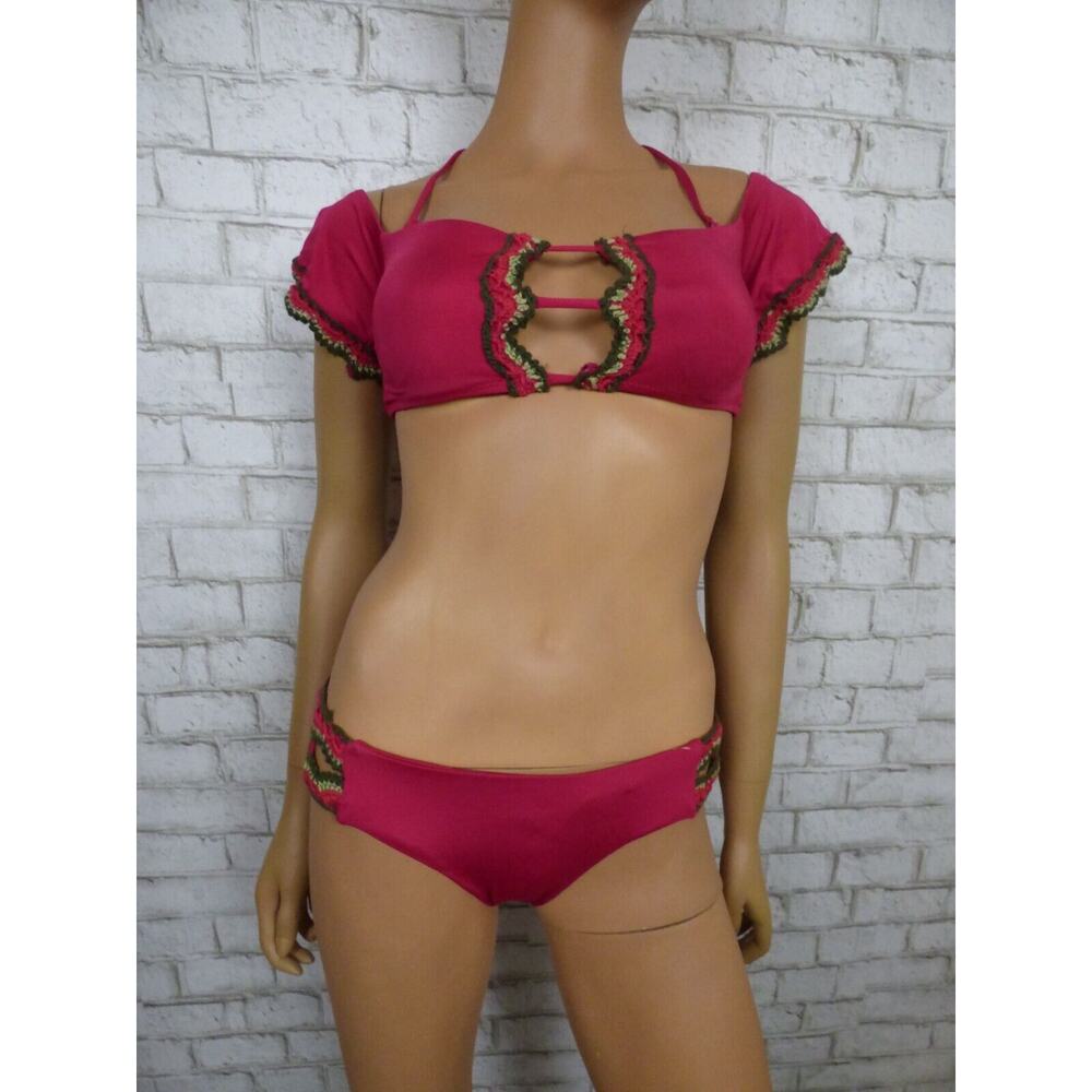 $128 Becca Virtue Fuschia Crochet Lace Up Bikini Set S Bottom M Top NEW B916